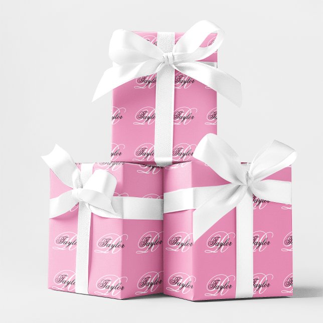 Papel De Regalo Monograma negro y blanco rosado (Black and White Fancy Monogram Pink Wrapping Paper)