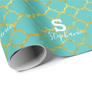 Papel De Regalo Monograma Nombre inicial Relieve metalizado dorado