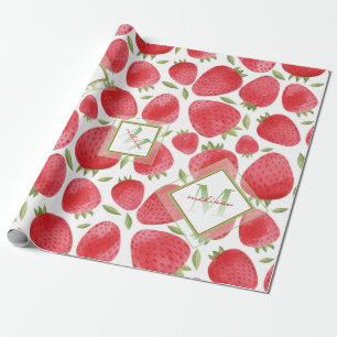 Papel De Regalo Monograma Ombre + Fresas Rojas y Verdes + Rosa