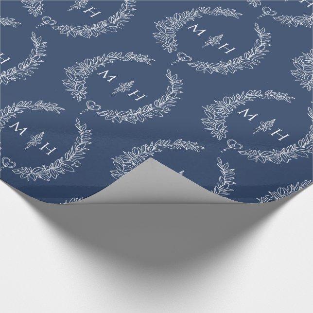 Papel De Regalo Monograma oval de hoja dibujando azul oscuro sobre (Esquina)