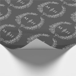 Papel De Regalo Monograma oval de hoja dibujando gris oscuro en bl