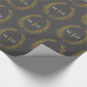 Papel De Regalo Monograma oval de hoja dibujando oro en gris oscur