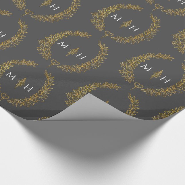 Papel De Regalo Monograma oval de hoja dibujando oro en gris oscur (Esquina)