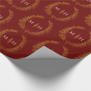 Papel De Regalo Monograma oval hoja dibujando oro en rojo oscuro