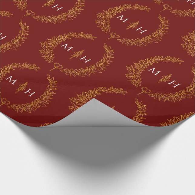 Papel De Regalo Monograma oval hoja dibujando oro en rojo oscuro (Esquina)
