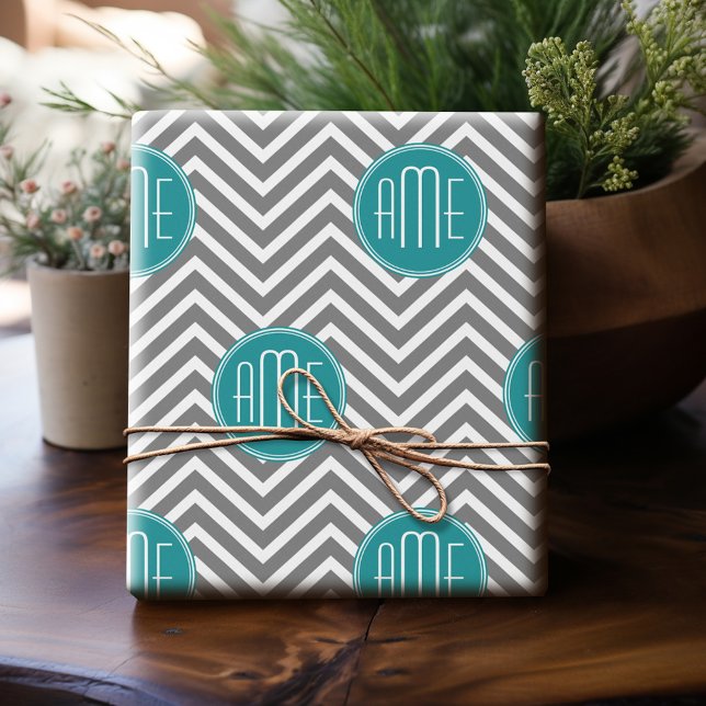 Papel De Regalo Monograma Personalizado de Chevrons de Carbón verd (Personalized Wrapping Paper)