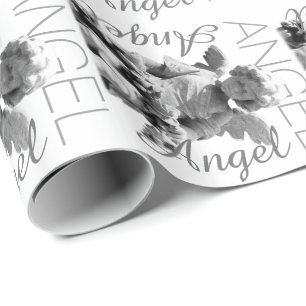 Papel De Regalo Monograma retro blanco y negro del ángel de guard