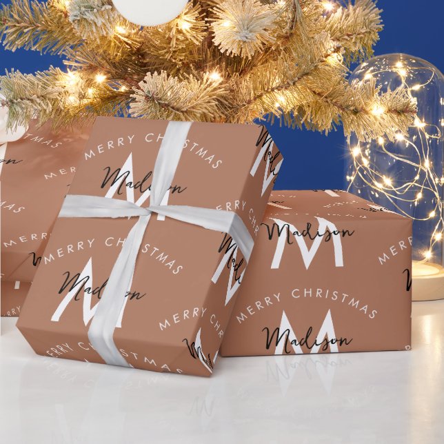 Papel De Regalo Monograma rojo de navidad marrón personalizada (Vacaciones)