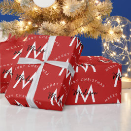 Papel De Regalo Monograma rojo navideño moderno personalizado
