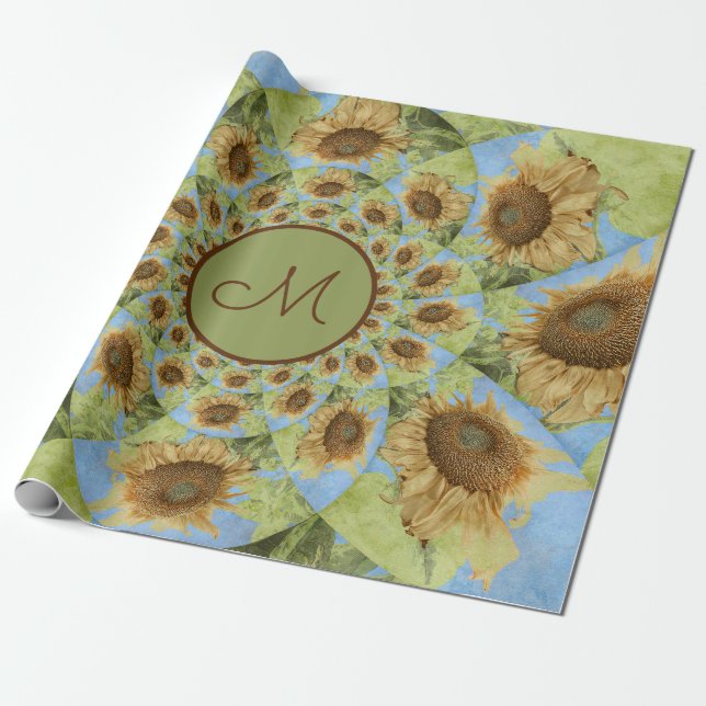 Papel De Regalo Monograma verde amarillo floral País girasol (Desenrollado)