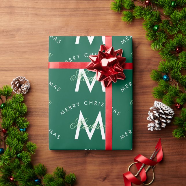 Papel De Regalo Monograma Verde Feliz Navidad Personalizado (Regalo de vacaciones)