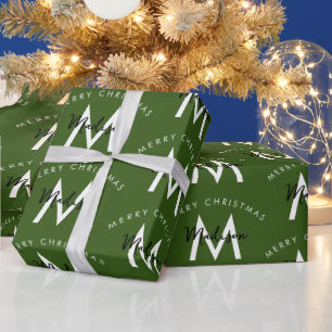 Papel De Regalo Monograma verde navideño moderno personalizado