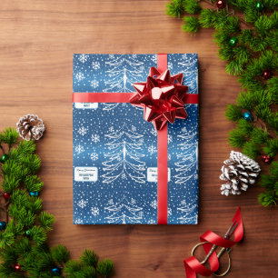 Papel De Regalo Monogramado árbol de Navidad blanco y azul