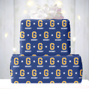 Papel De Regalo Monogramo Star Navy Gold Personalizado
