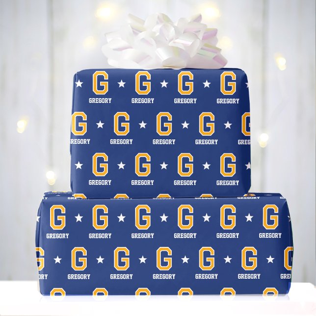 Papel De Regalo Monogramo Star Navy Gold Personalizado (Subido por el creador)