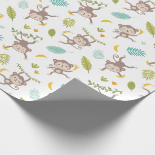 Papel De Regalo Monos pequeños con bananas y hojas blancas
