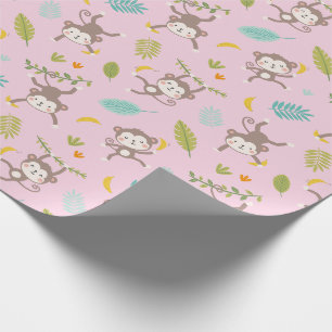 Papel De Regalo Monos pequeños con bananas y hojas rosadas