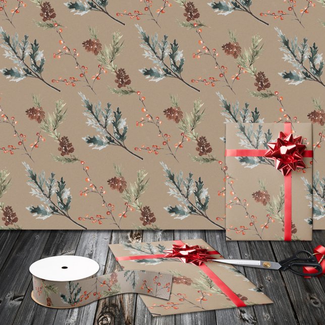 Papel De Regalo Monos y bayas rústicos de hielo de invierno (Rustic Kraft Winter Spruce Cones & Berries Christmas Holiday Matte Gift Wrapping Paper Rolls.)