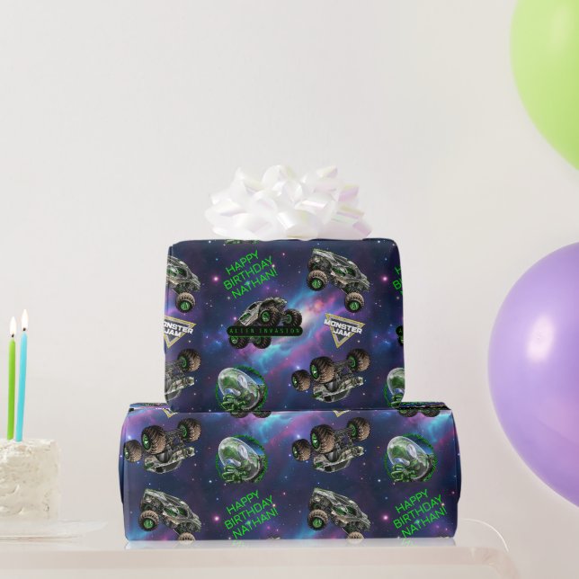 Papel De Regalo Monster Jam - Cumpleaños de Invasión Alien (Regalos de fiesta)