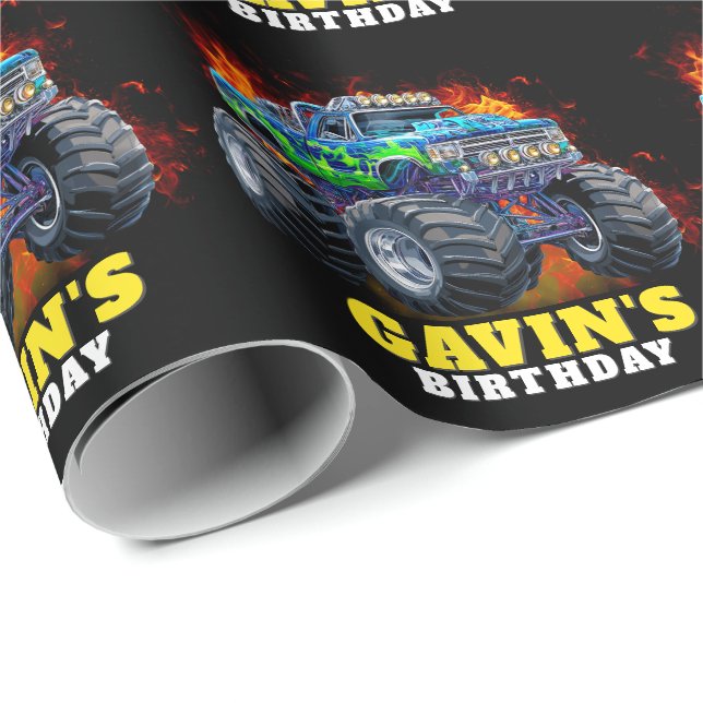 Papel De Regalo Monster Truck fiesta de cumpleaños personalizada (Esquina del rollo)
