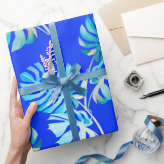 Papel De Regalo Monstera Brisa Azul Cobalto