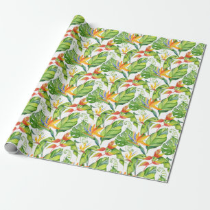 Papel De Regalo Monstera Verde Tropical y Hojas de Naranja Acuarel