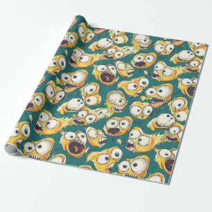 Papel De Regalo Monstruo amarillo loco Halloween azul teal