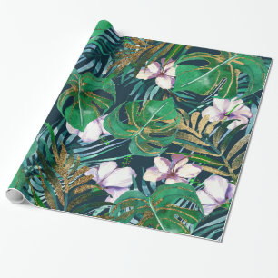 Papel De Regalo Monstruo de oro de Lilac verde tropical deja flore