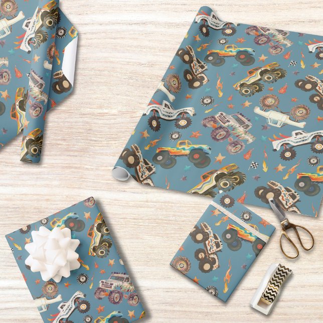 Papel De Regalo Monstruo moderno Camiones Camiones Azules Flames P (Subido por el creador)