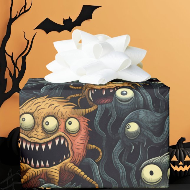 Papel De Regalo Monstruos de Halloween, Naranja, grises oscuros (Subido por el creador)