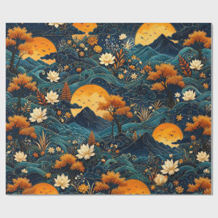 Papel De Regalo Montaña de la Luna Dorada Noche Cielo Loto Floral 