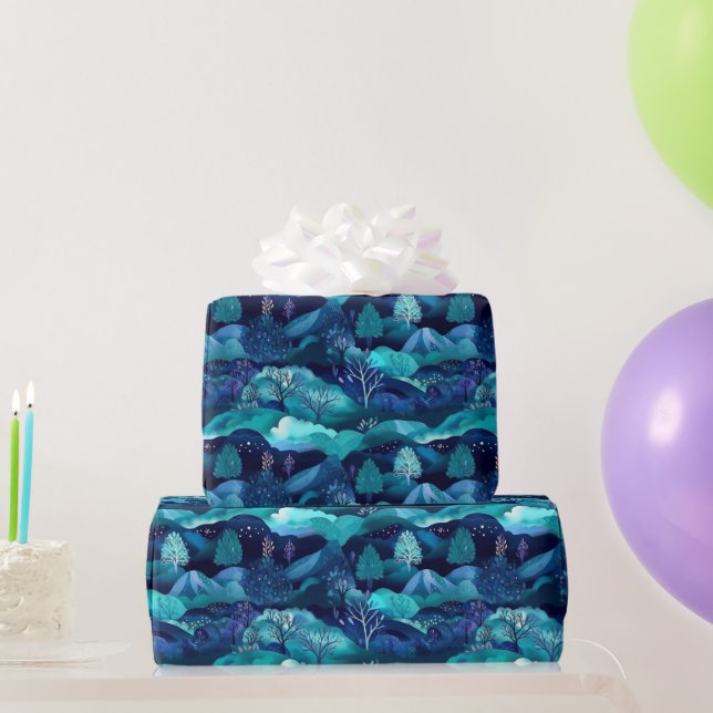 Papel De Regalo Montañas azules y diseño de árboles (Regalos de fiesta)