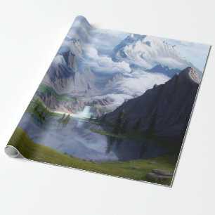 Papel De Regalo Montañas lago cascada arte digital 3D ilustrativo