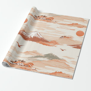 Papel De Regalo Monte Fuji Amanecer Dorado Patrón de Acuarela Japó