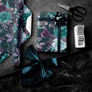 Papel De Regalo Moody Boho   Patrón púrpura profundo Verde azulado