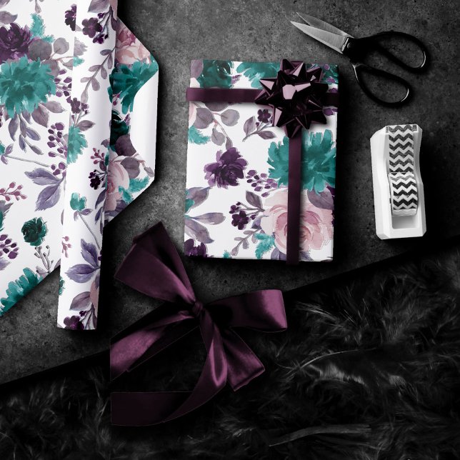 Papel De Regalo Moody Boho | Patrón Rosa púrpura y Verde azulado d (Subido por el creador)