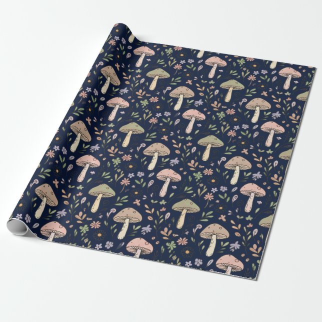 Papel De Regalo Moody Dark Navy Fungi Seamless Pattern (Desenrollado)