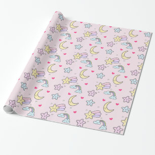 Papel De Regalo Moon, Stars and Clouds Pattern en rosa pastel