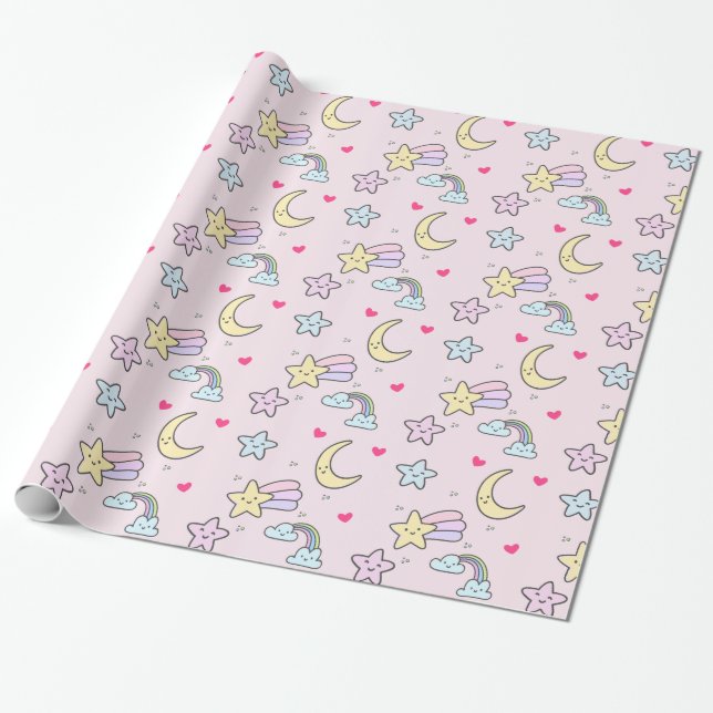 Papel De Regalo Moon, Stars and Clouds Pattern en rosa pastel (Desenrollado)