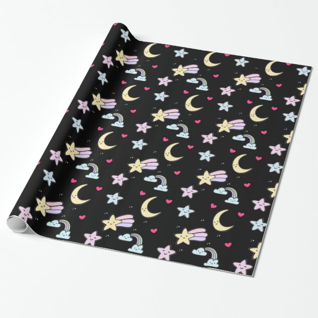 Papel De Regalo Moon, Stars and Clouds Pattern on Black (Desenrollado)