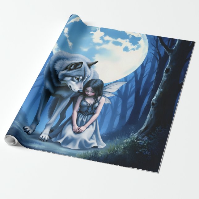 Papel De Regalo Moonlit Bond – The Wolf and the Gothic Fairy.   (Desenrollado)