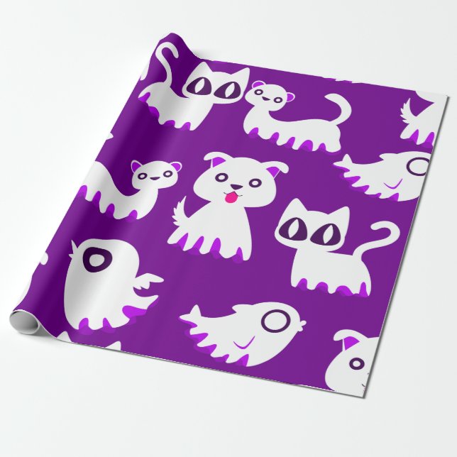 Papel De Regalo morada de perro hurón fantasma de halloween (Desenrollado)