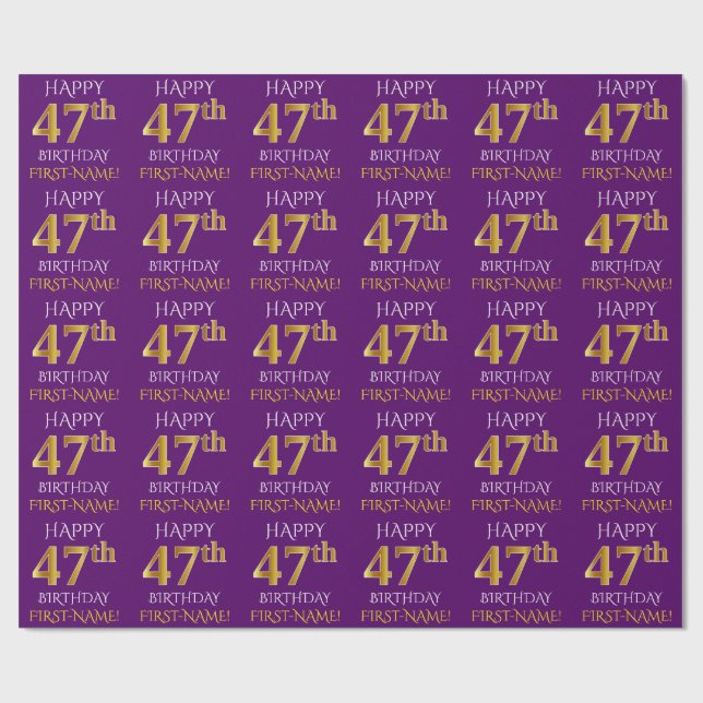 Papel De Regalo Morado, Dorado Falso "FELIZ CUMPLEAÑOS 47" (Superficie plana)