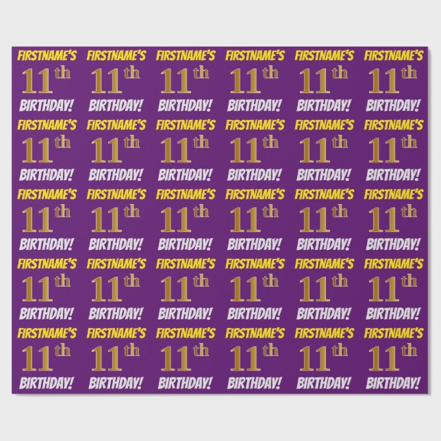 Papel De Regalo Morado, Faux/Imitation Gold, "11th BIRTHDAY" (Superficie plana)