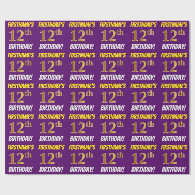 Papel De Regalo Morado, Faux/Imitation Gold, "12th BIRTHDAY" (Superficie plana)