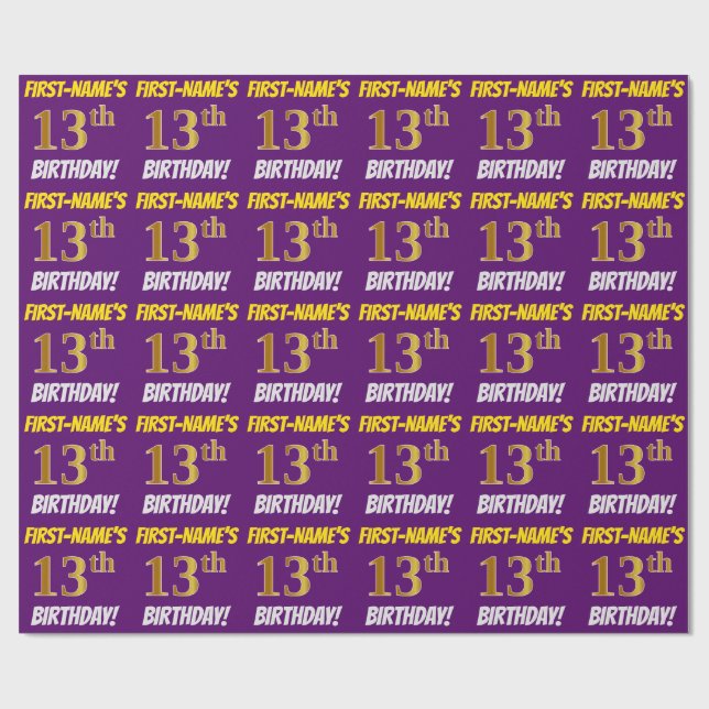 Papel De Regalo Morado, Faux/Imitation Gold, "13th BIRTHDAY" (Superficie plana)