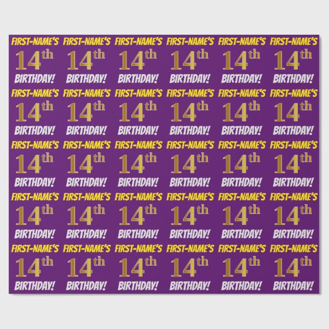 Papel De Regalo Morado, Faux/Imitation Gold, "14th BIRTHDAY" (Superficie plana)