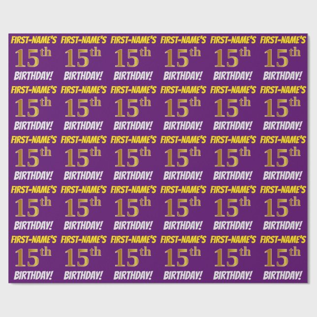 Papel De Regalo Morado, Faux/Imitation Gold, "15th BIRTHDAY" (Superficie plana)