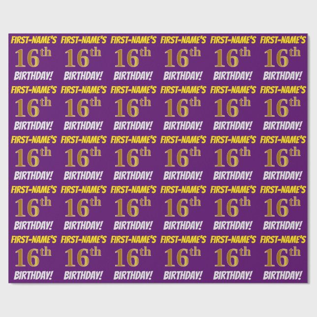 Papel De Regalo Morado, Faux/Imitation Gold, "16th BIRTHDAY" (Superficie plana)