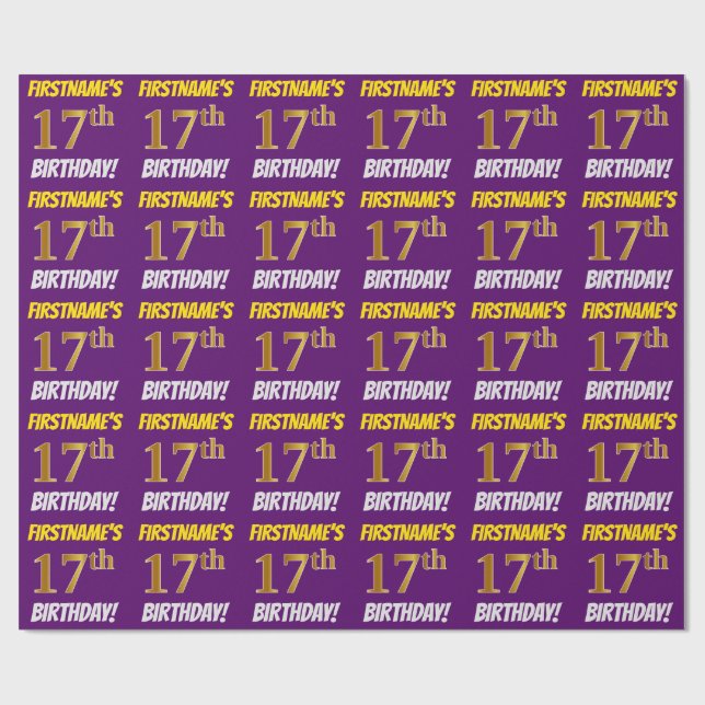 Papel De Regalo Morado, Faux/Imitation Gold, "17th BIRTHDAY" (Superficie plana)